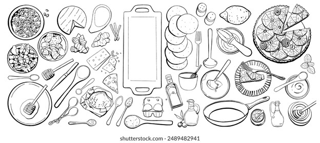 Food and Tools for Home Baking. Black Vector Illustration Set