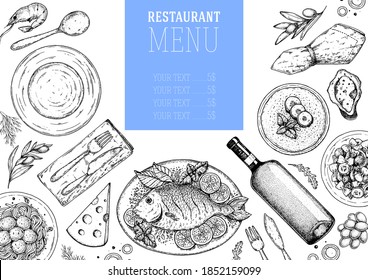 Food top view. Sketch illustration.  Hand drawn. Food menu design template. Hand drawn sketch vector illustration. 