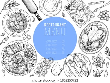 Food top view. Sketch illustration.  Hand drawn. Food menu design template. Hand drawn sketch vector illustration. 