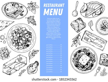 Food top view. Sketch illustration. Hand drawn. Food menu design template. Hand drawn sketch vector illustration.