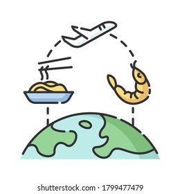 Food Tourismus RGB Farbsymbol. Internationale Kochreisen. Entdecken Sie die internationale Küche, die traditionelle Küche. Weltkarte mit Geschirr einzeln auf Vektorgrafik