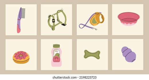 Food, toys, carrying, harnesses, shampoo, bowl and supplies for cats and dogs isolated on white. Vet store concept. Pet stuff set for shop or salon for domestic animals vector illustration