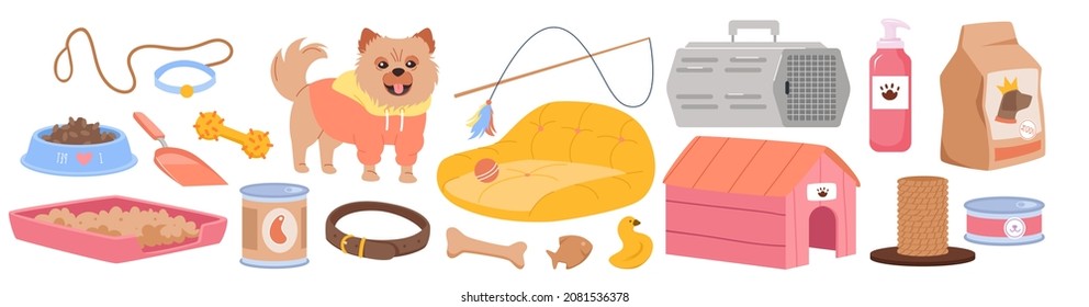 food, toys and supplies for cats and dogs isolated on white. Vet store concept. Pet stuff set for shop or salon for domestic animals vector illustration