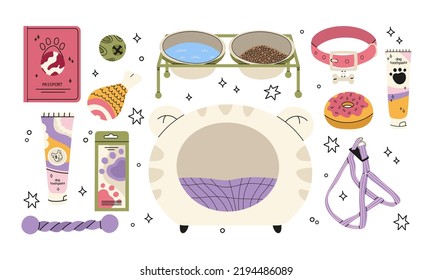 Food, toys,passport, bed, harnesses, shampoo, bowl and supplies for cats and dogs isolated on white. Vet store concept. Pet stuff set for shop or salon for domestic animals vector illustration