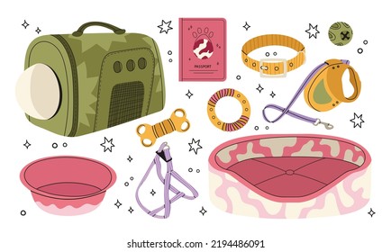 Food, toys,passport, bed, harnesses, shampoo, bowl and supplies for cats and dogs isolated on white. Vet store concept. Pet stuff set for shop or salon for domestic animals vector illustration