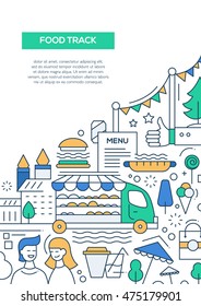 Food Track - vector line design brochure poster, flyer presentation template, A4 size layout. Fast food symbols