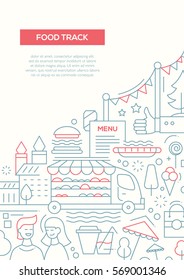 Food Track - vector plain line design brochure poster, flyer presentation template, A4 size layout. Fast food symbols