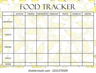 Food tracker page on pastel banana background. Weekly planner template, meals, breakfast, lunch, dinner, snack, water intake, counting calories. Proper nutrition concept. Vector illustration