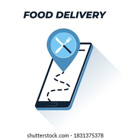 Food tracking icon. Vector outline illustration of smartphone screen with eatery location icon and tracking sign on the screen. Represents a concept of finding place to eat and food delivery tracking
