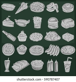 Food Traditional and Fast Food USA Doodle Sketch Icon Vector Art Chalk Set