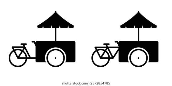 Food trailer bike with parasol. Cyclist, cycling symbol. Street fast food trailer truck, mobile kitchen bicycles and umbrella. market and food stock symbol. For ice cream.