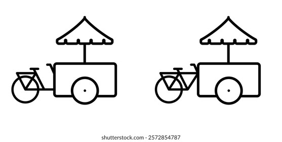 Food trailer bike with parasol. Cyclist, cycling symbol. Street fast food trailer truck, mobile kitchen bicycles and umbrella. market and food stock symbol. For ice cream.