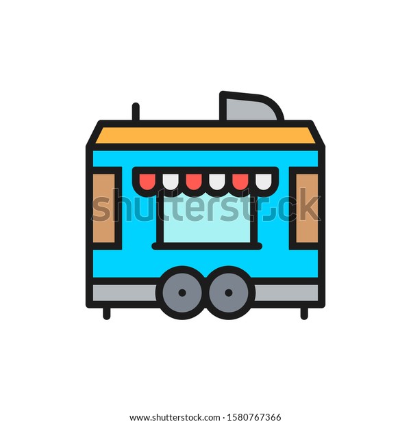 Food trailer flat color line icon. Isolated on\
white background