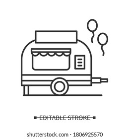 Food trailer icon. Mobile street fair food stand with floating balloons linear pictogram. Concept of spring and summer festival, carnival event and fastfood. Editable stroke vector illustration