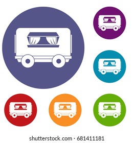 Food trailer icons set in flat circle red, blue and green color for web