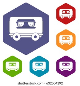 Food trailer icons set hexagon isolated vector illustration