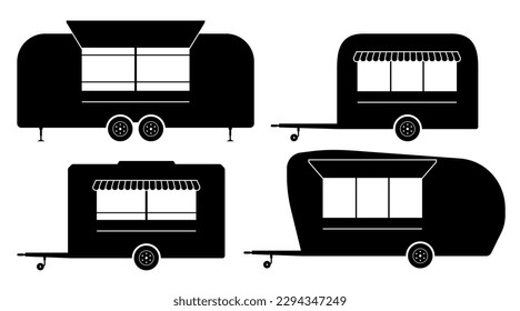Food trailers silhouette on white background vector illustration. Food trucks icons set view from side