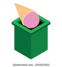 Food Trash Icon Isometric Vector. Pink Ice Cream In Waffle Cone In Trash Can. Household Waste, Sorting And Recycle Garbage