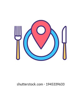 Icono de color RGB para viajes de comida. Restaurante y cafetería de la zona. Comida callejera. Turismo culinario. Buena cena. La cocina y la mesa son muy agradables. Visita gastronómica. Ilustración vectorial aislada