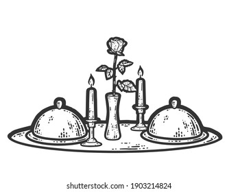 Food tray  candle   rose in vase  Engraving vector illustration 