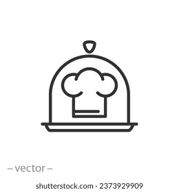 food tray with chef hat icon, chef's dish, restaurant food menu, thin line symbol - editable stroke vector illustration