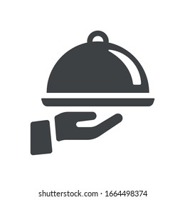 Food tray cover symbol with hand. Menu title logo. Vector icon graphic art isolated on white background.