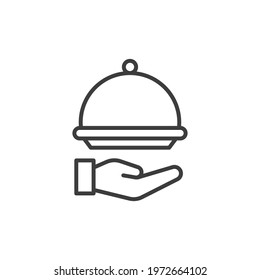 Food tray line icon. Simple outline style. Food, hand, restaurant, tray, waiter, cloche, dinner, dish, guest, plate, restaurant concept. Vector illustration isolated on white background. EPS 10