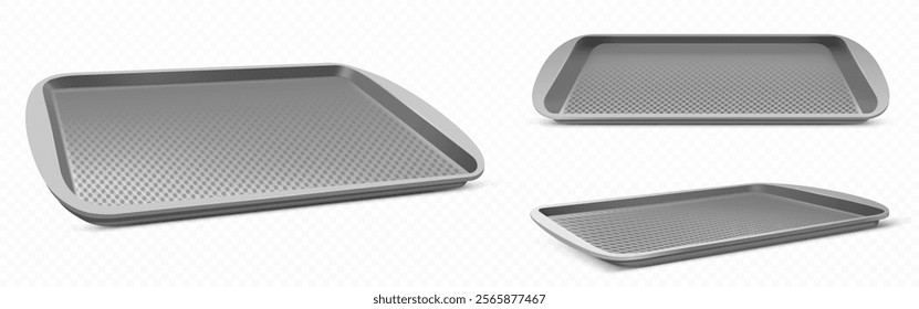 Maquetas de bandeja de alimentos aisladas sobre fondo transparente. Ilustración realista de Vector de contenedor gris plano de plástico para servir comida en el comedor de la escuela, cafetería, cafetería de autoservicio, vista lateral superior