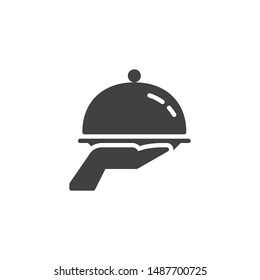 Food Tray on the Hand vector icon. filled flat sign for mobile concept and web design. Restaurant food glyph icon. Food delivery symbol, logo illustration. Vector graphics