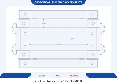 Food tray packaging dieline template with ventilation holes, featuring labeled bleed, trim, and crease lines with specific 392mm, 153mm, and 55mm dimensions