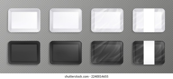 Food tray, plastic container, empty styrofoam box with transparent film. Frozen fast food pack, black and white lunch or meat package mock up.