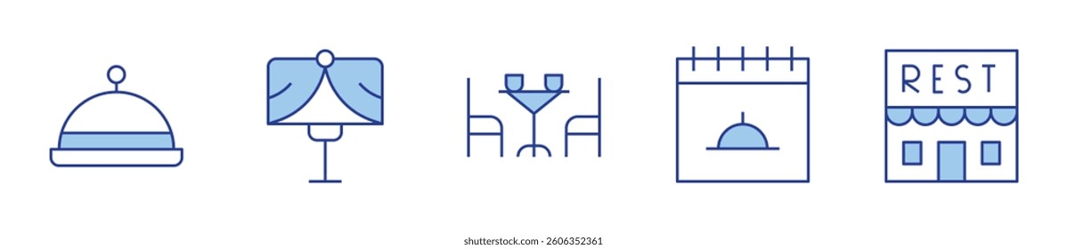 food tray, reserved, table, restaurant, restaurant building. Restaurant Icon vector illustration. Line Duotone style. Editable stroke.