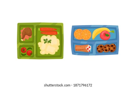 Food Tray with Sections Filled with Snack and Nutrition Vector Set