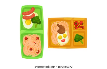 Food Tray with Sections Filled with Snack and Nutrition Vector Set