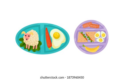 Food Tray with Sections Filled with Snack and Nutrition Vector Set