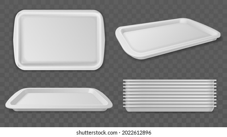 Food trays. Realistic plastic white salvers. Rectangular dinner container mockup. Top view on kitchenware with different camera angles. Platter stack. Vector restaurant serving ware set