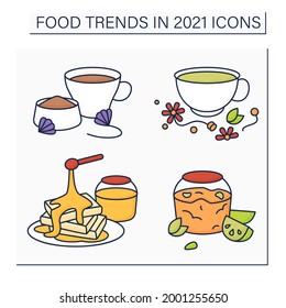 Food Trends Color Icons Set. Trendy Dishes. Jelly Recipe, Chicory And Herbs Drink, Hot Honey. New Recipes Concept. Isolated Vector Illustrations