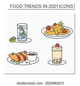 Food trends color icons set. Trendy dishes. Quesabirria, boba tea, pasta, hard seltzer. New recipes concept. Isolated vector illustrations