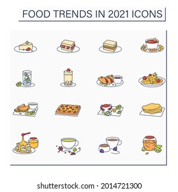 Food trends color icons set. Trendy dishes. Delicious food. New recipes concept. Isolated vector illustrations