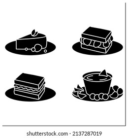 Food trends glyph icons set. Trendy dishes. Sandos with strawberries and pork, beer cheese, cheesecake. New recipes concept.Filled flat signs. Isolated silhouette vector illustrations