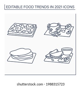 Food trends line icons set. Trendy dishes. Birria, Detroit style pizza, seafood boils, corn tortilla. New recipes concept. Isolated vector illustrations. Editable stroke