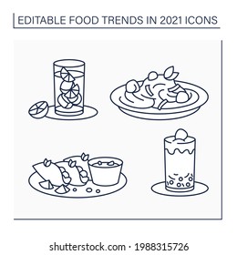 Food trends line icons set. Trendy dishes. Quesabirria, boba tea, pasta, hard seltzer. New recipes concept. Isolated vector illustrations. Editable stroke