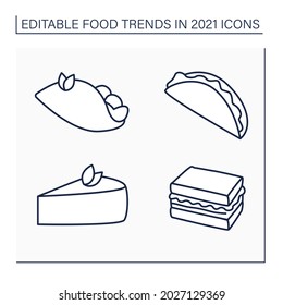 Food trends line icons set. Trendy dishes. Tacos, tender cheesecake, birria, quesabirria, sandos. New recipes concept. Isolated vector illustrations. Editable stroke