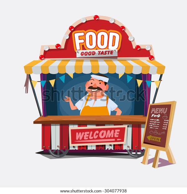 food\
trolley with chef character - vector\
illustration