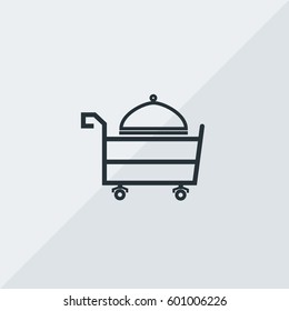 Food Trolley with Cloche on Top Vector Icon, The outlined symbol of cart for foot with dish on it. Simple, modern flat vector illustration for mobile app, website or desktop app   