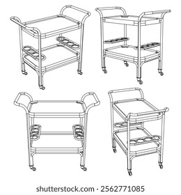 Food Trolley Tray on Cart. Vector Illustration Isolated on White Background. Perfect for Restaurant Menus, Catering Services, Hotel Brochures, and Kitchenware Branding.