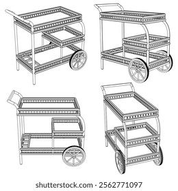 Food Trolley Tray on Cart. Vector Illustration Isolated on White Background. Perfect for Restaurant Menus, Catering Services, Hotel Brochures, and Kitchenware Branding.