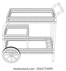 Food Trolley Tray on Cart. Vector Illustration Isolated on White Background. Perfect for Restaurant Menus, Catering Services, Hotel Brochures, and Kitchenware Branding.