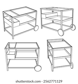 Food Trolley Tray on Cart. Vector Illustration Isolated on White Background. Perfect for Restaurant Menus, Catering Services, Hotel Brochures, and Kitchenware Branding.