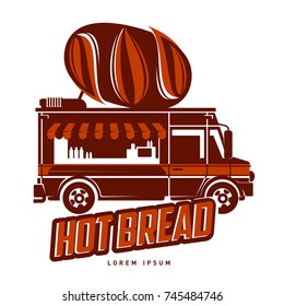 Food truck bakery and hot bread logo vector illustration. Vintage style badges and labels design concept for confectionery and food delivery service vehicles. Isolated on a white background